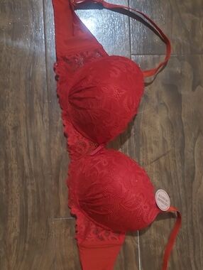 Jezebel Red Lace Push-Up Bra with Floral Overlay
